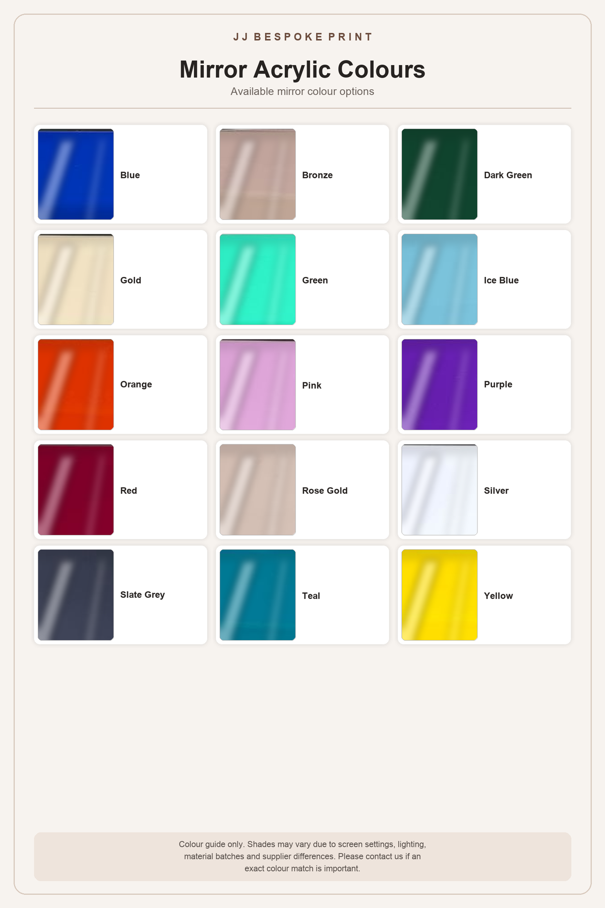 Mirror acrylic colour options