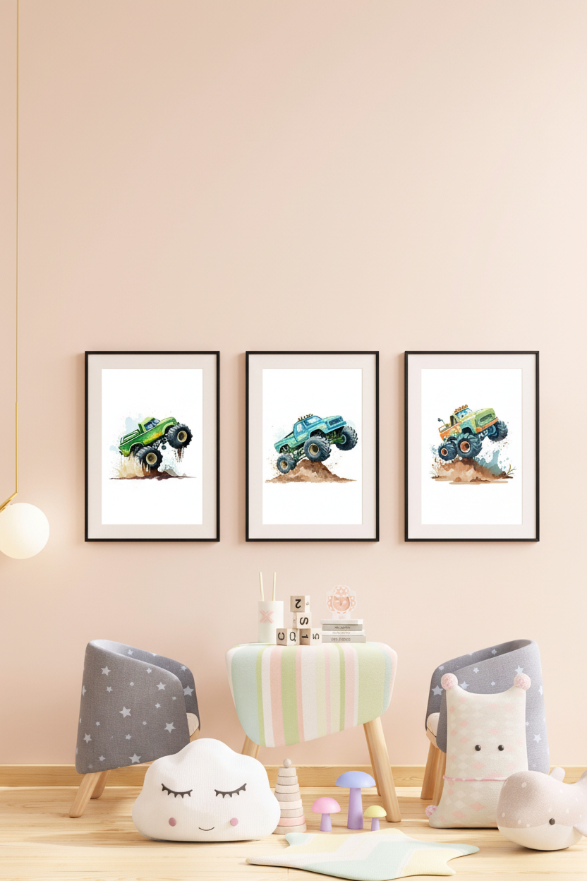 Monster Trucks Wall Art Set of 3 — Mockup