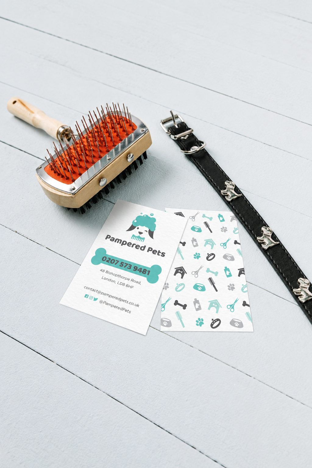 Pampered Pets business cards in a 2:3 portrait image