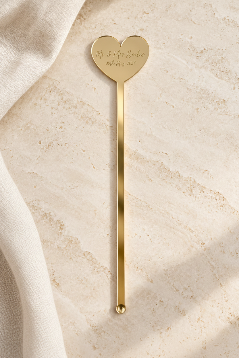 Personalised acrylic heart drink stirrers in portrait format