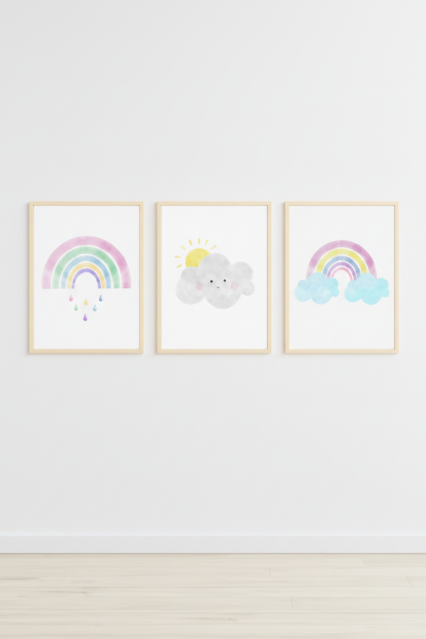Rainbow, Sun Cloud & Blue Rainbow Wall Art Set of 3 — Mockup