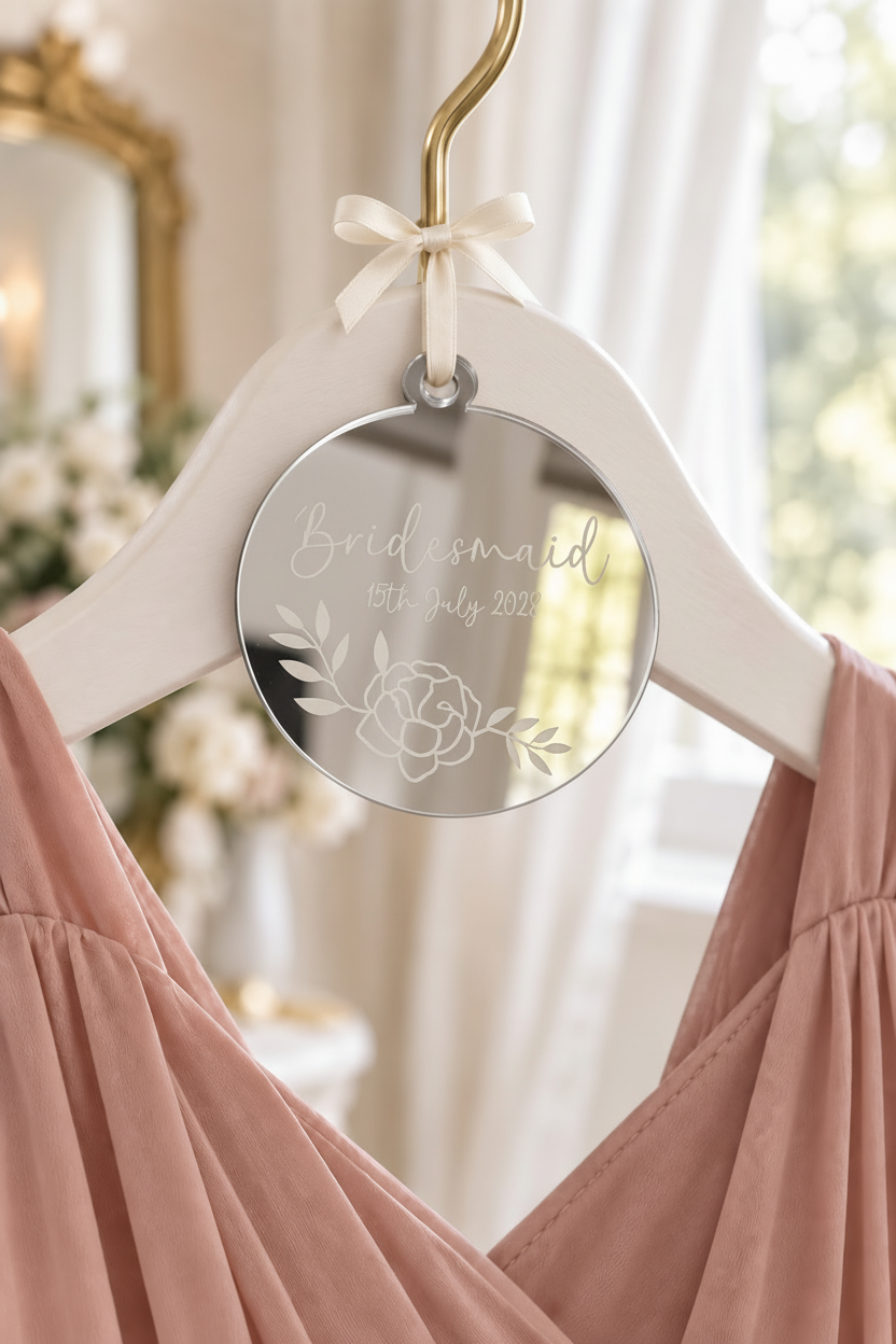 Silver disc with champagne bridesmaid dress