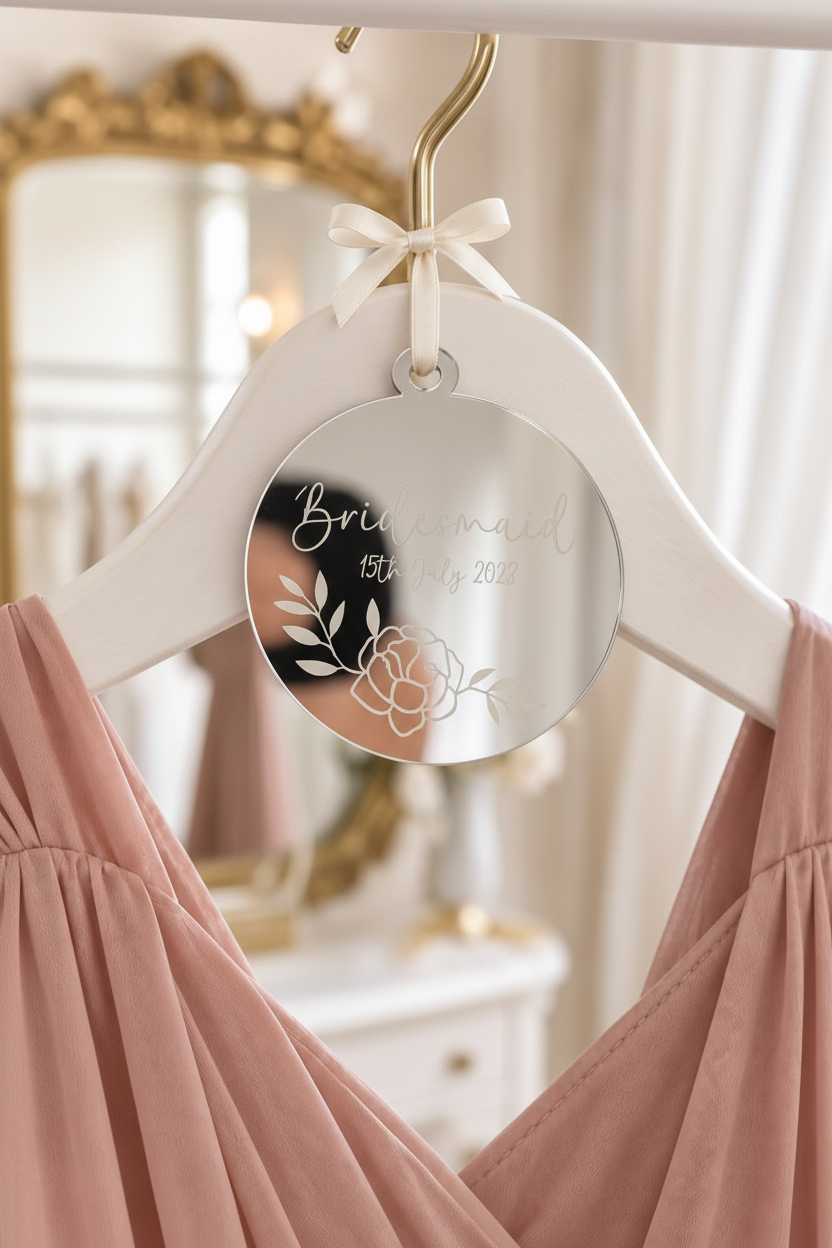Silver disc with dusty pink bridesmaid dress