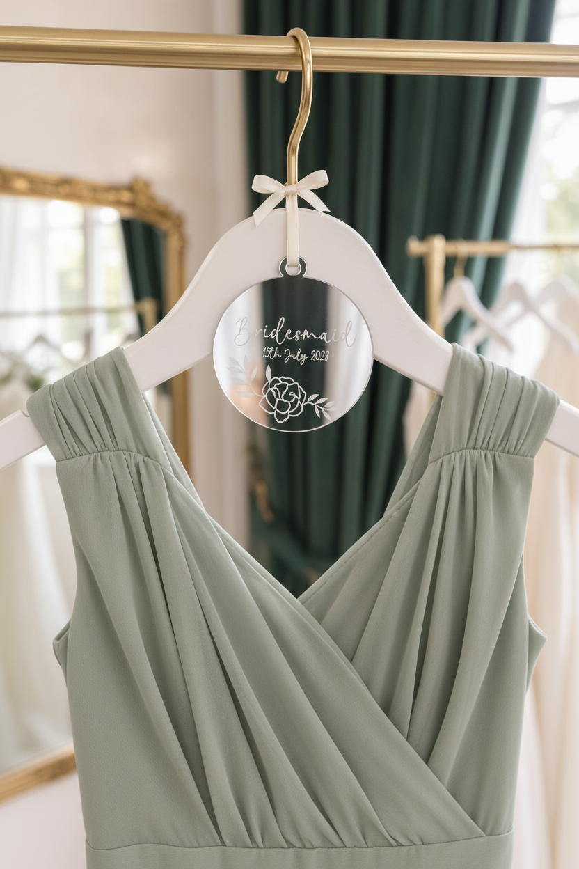 Silver disc with sage green bridesmaid dress