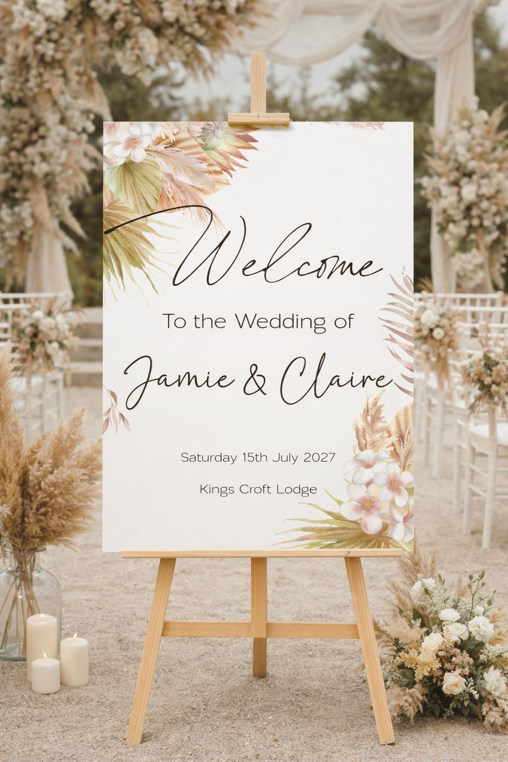 Boho Wedding Welcome Board with Warm Florals
