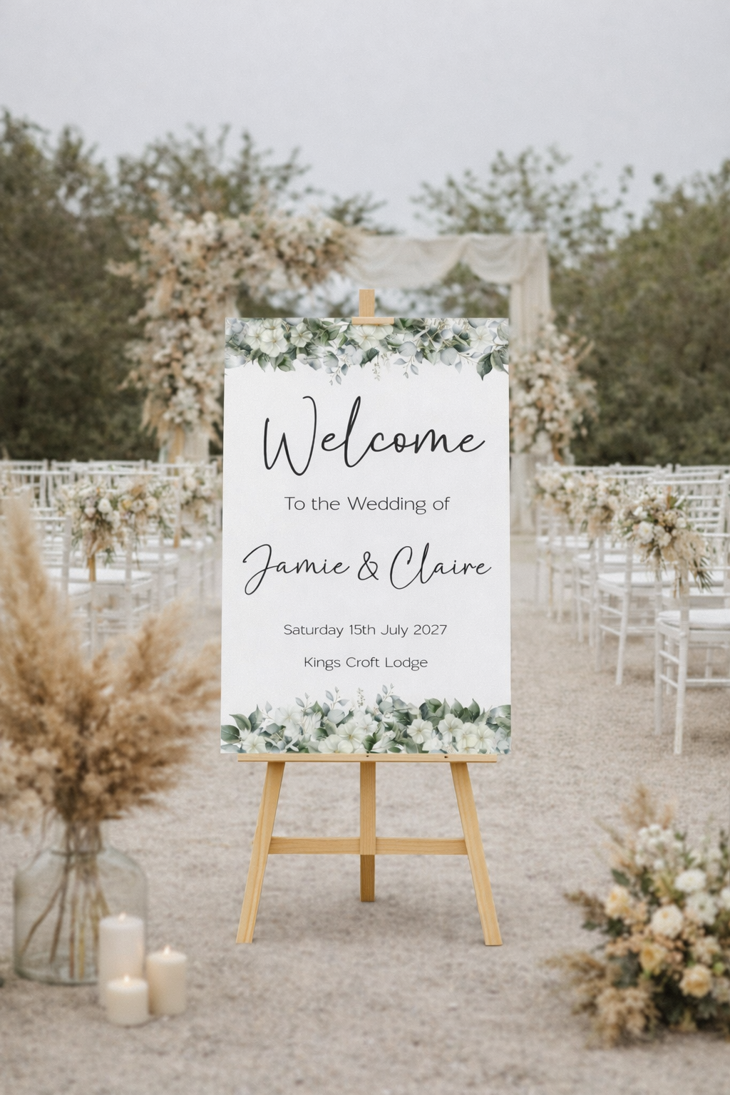 Floral White & Green Foliage Wedding Welcome Board | Personalised Foamex Sign